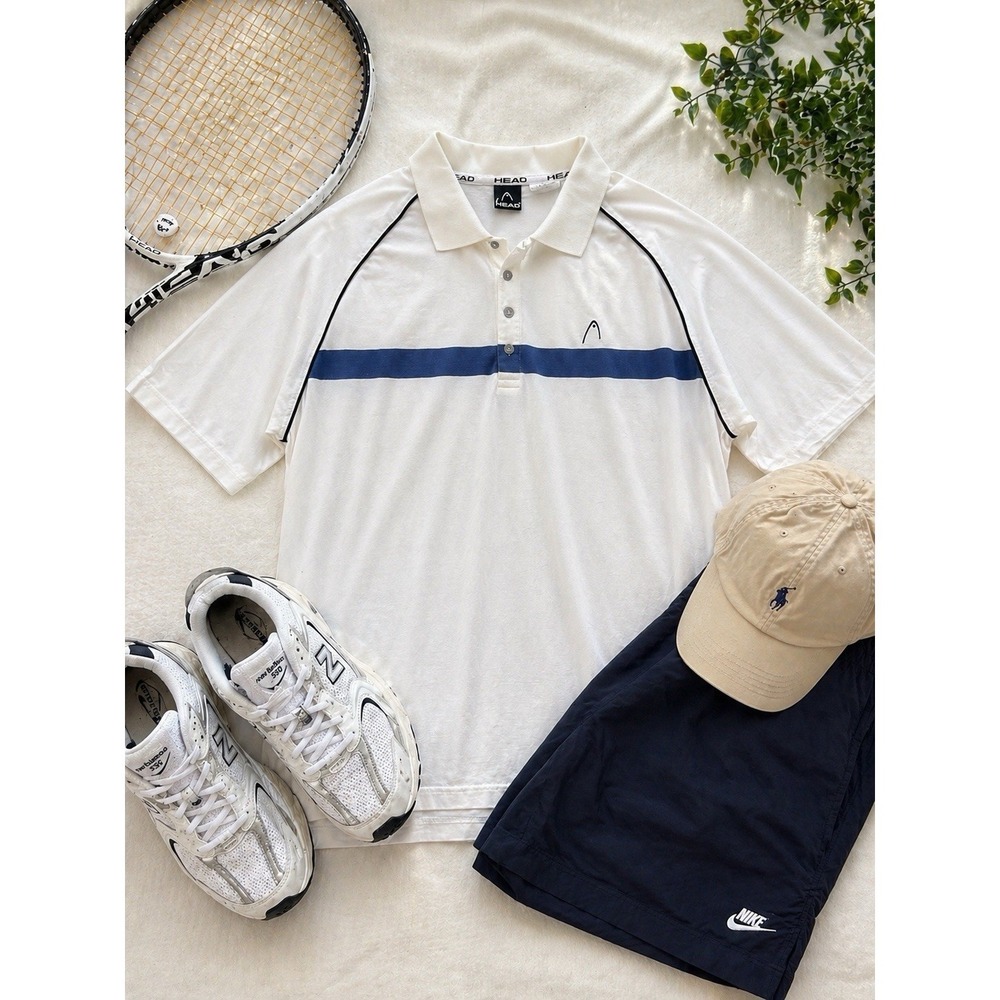 HEAD Tennis Polo Shirt Mens Large White Blue‎ Stripe Athletic Y2K 100% Cotton